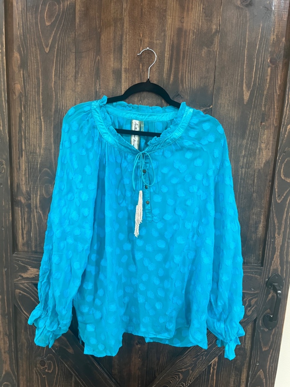 Aratta - Silent Journey Boho Tie-Neck Peasant Blouse in Turquoise
